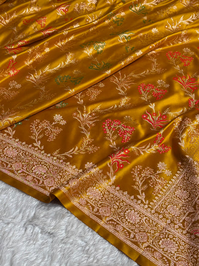 Banarasi Satin Katan Saree Floral Minakari Jaal Pattern in Mustard Shades SK151