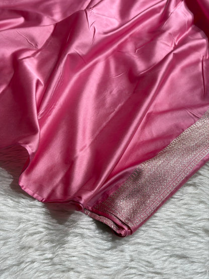 Banarasi Skirt Border Pattern in Baby Pink Shades Floral Mashru Silk Saree MCS95
