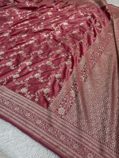 Dusty Strawberry Floral Jaal Mashru Silk Saree MCS07
