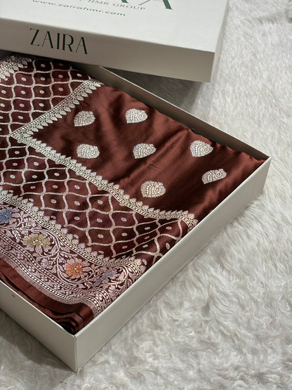 Chocolate Shades Minakari Floral Border Booti Mashru Silk Saree