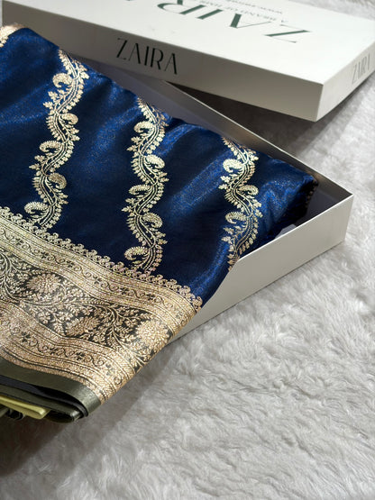 Royal Blue Contrast Shades Cross Pattern Banarasi Satin Silk Saree SS39