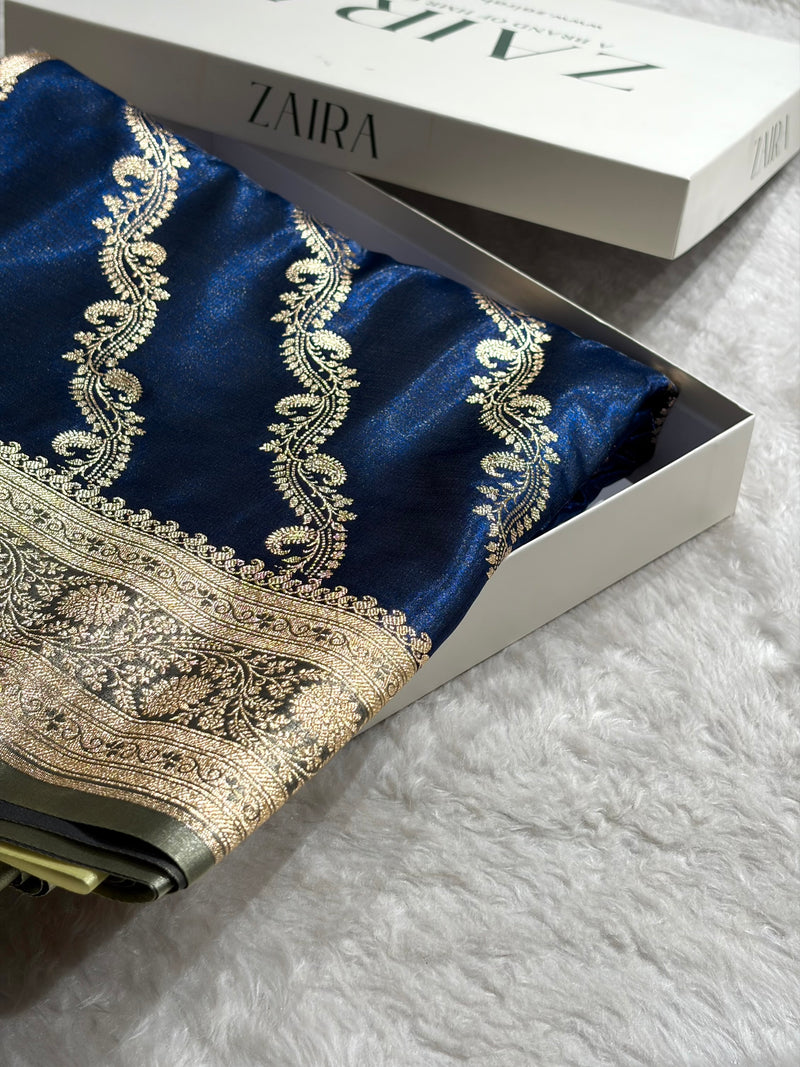 Royal Blue Contrast Shades Cross Pattern Banarasi Satin Silk Saree SS39