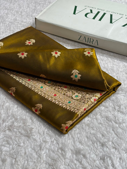 Mehendi Shades Minakari Boota Pattern Banarasi Satin Silk Saree SS44