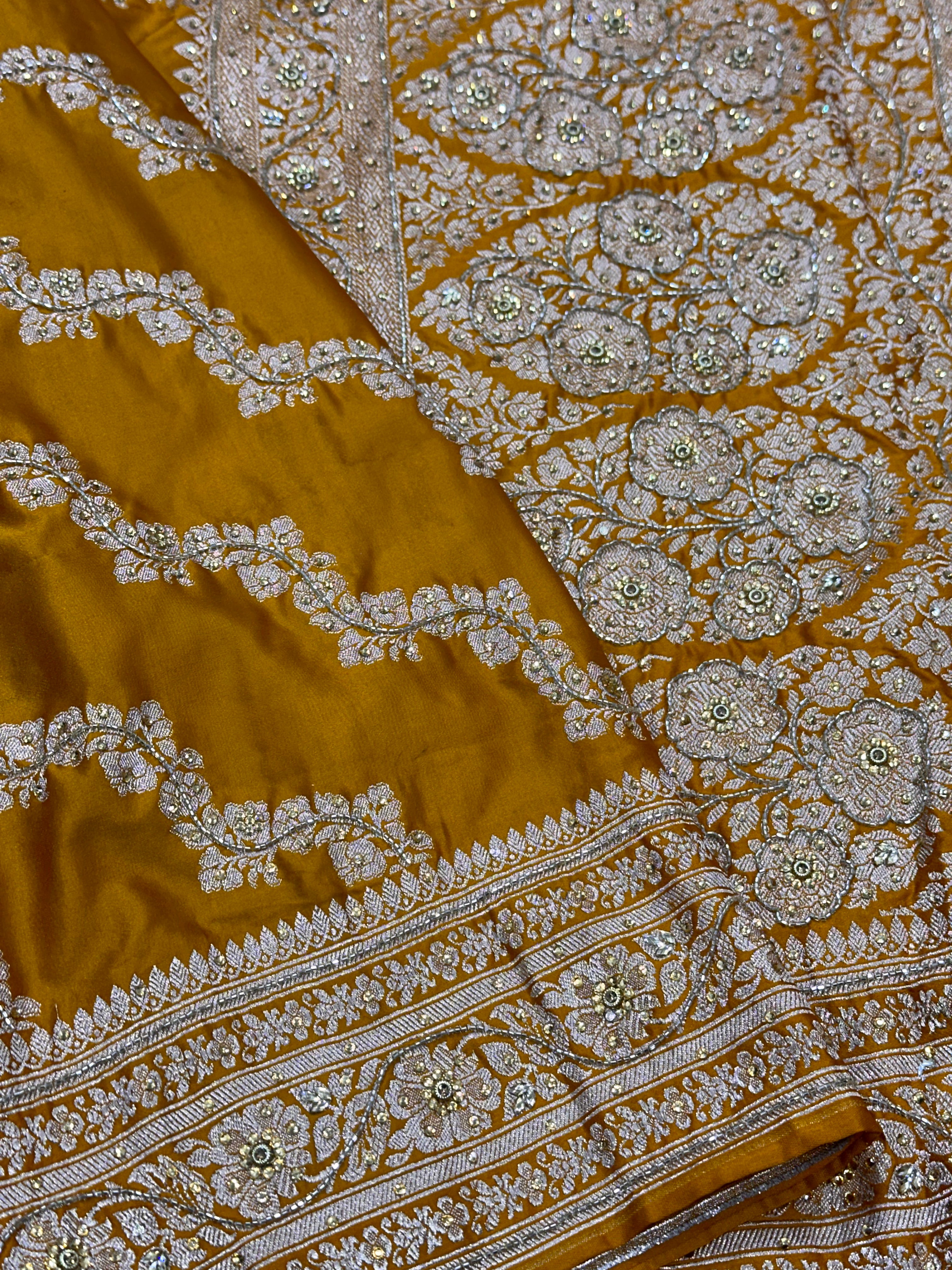 Mustard Mashru SilknSaree with Ari and stone Work