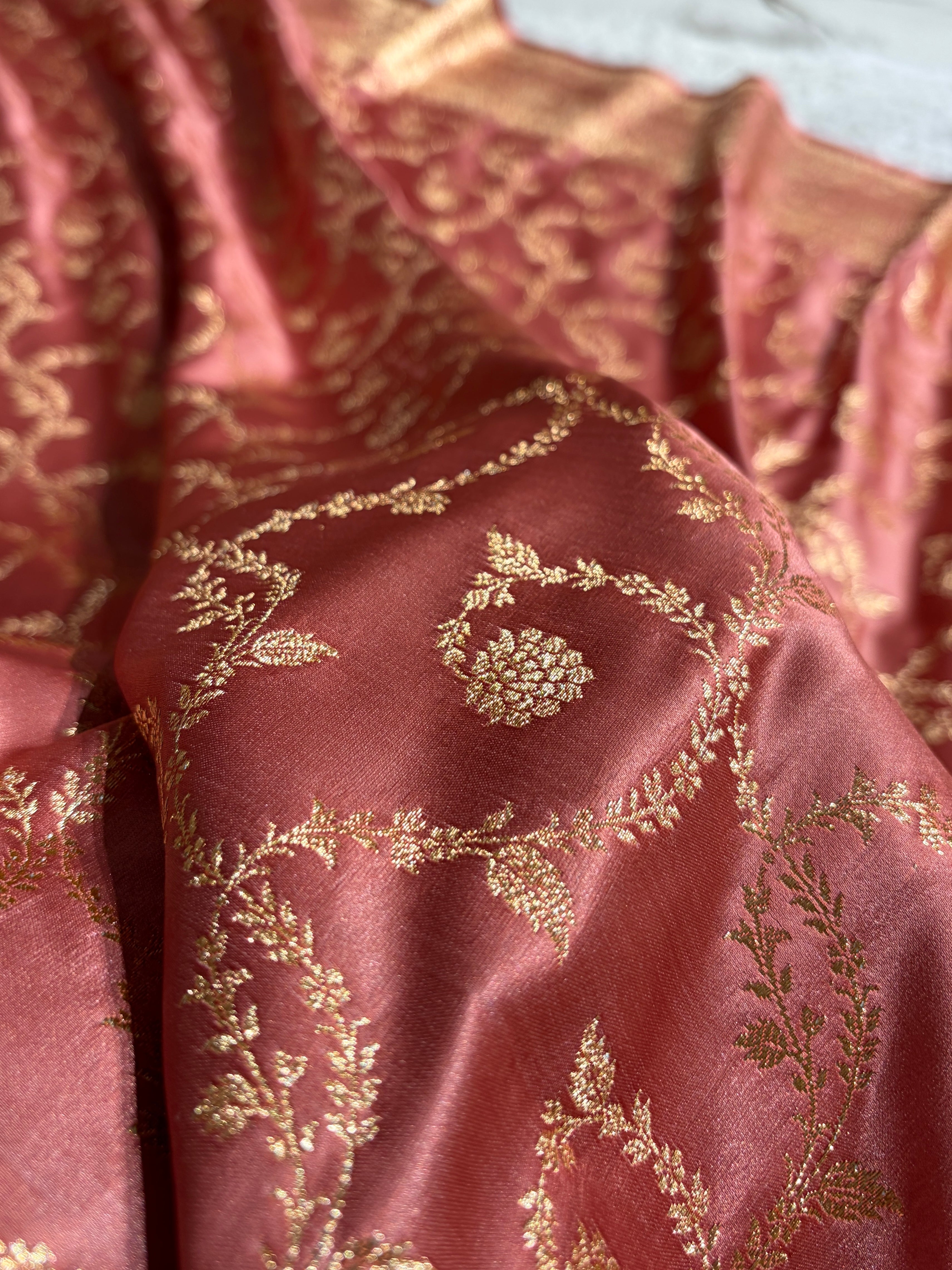 Dusty Peach Shades Floral Jaal Pattern Satin Katan Silk saree SK55