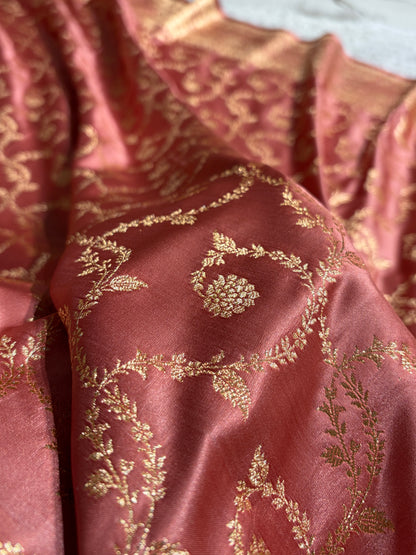Dusty Peach Shades Floral Jaal Pattern Satin Katan Silk saree SK55