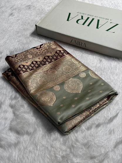 Pista with Chocolate Booti Satin Katan Silk saree SK29