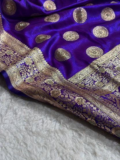 Purple Shades Banarasi With Swarovski Stone Work Satin Silk Saree BSS33