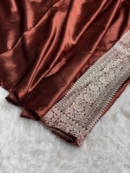 Chocolate Shades Minakari Floral Border Booti Mashru Silk Saree