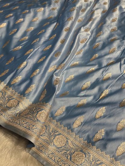 Powder Blue Shades Plain Mashru Silk Saree