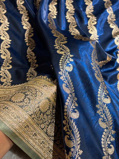 Royal Blue Contrast Shades Cross Pattern Banarasi Satin Silk Saree SS39