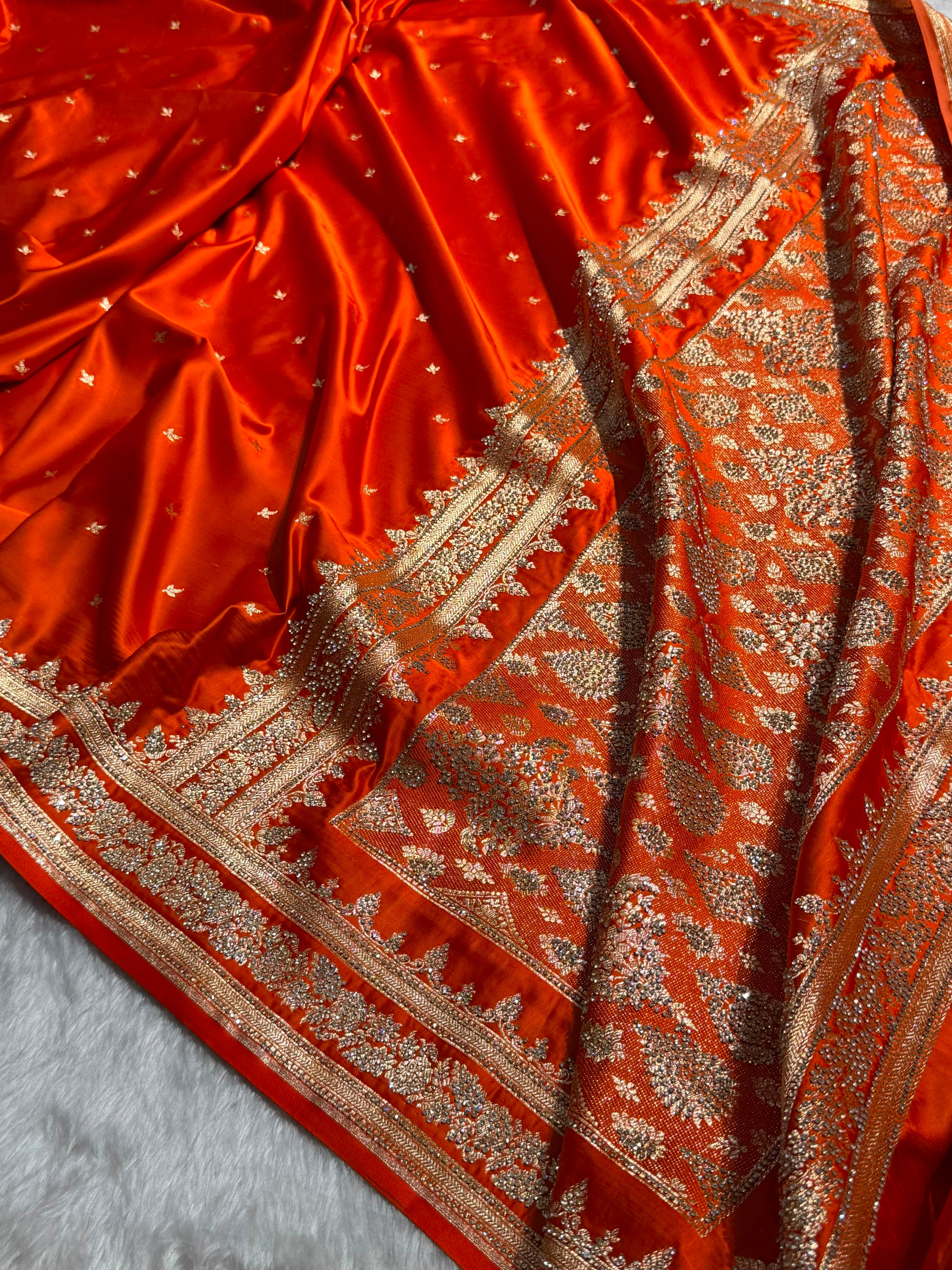 Rusty Orange Banarasi Swarovski Work Booti Katan Silk Saree BSKM17