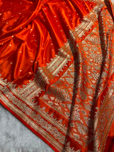 Rusty Orange Banarasi Swarovski Work Booti Katan Silk Saree BSKM17