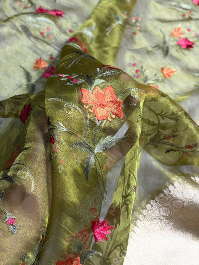 Light Green Shades With Floral Embroidered Pure Tissue Silk Saree with Brocade Blouse PTE-09
