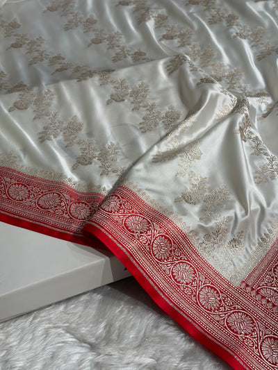 Contrast White / RedBanarasi Cross Mashru Silk Saree MCS01