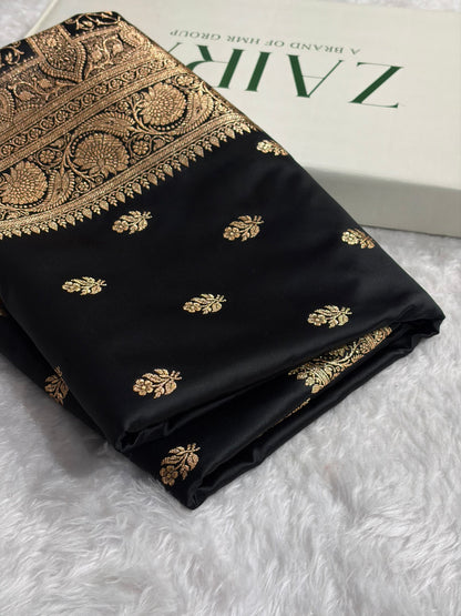 Black Floral Boota Pattern Satin Katan Silk Saree SK71