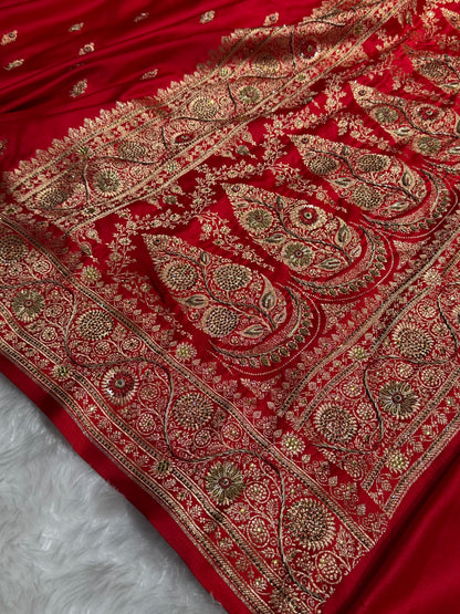 Banarasi Bridal Red Work Pattern Satin Katan Silk Saree BSK82