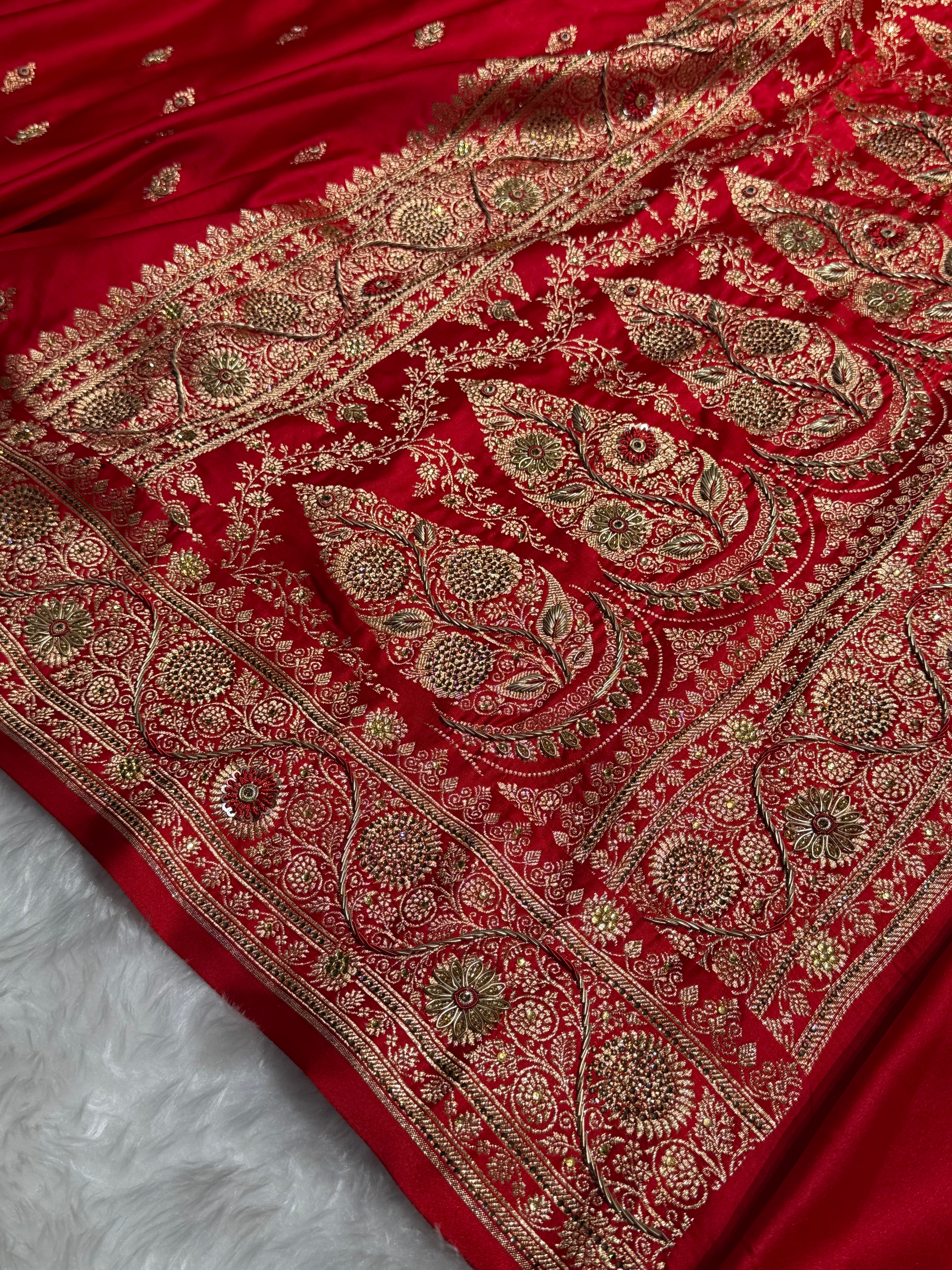 Banarasi Bridal Red Work Pattern Satin Katan Silk Saree BSK82