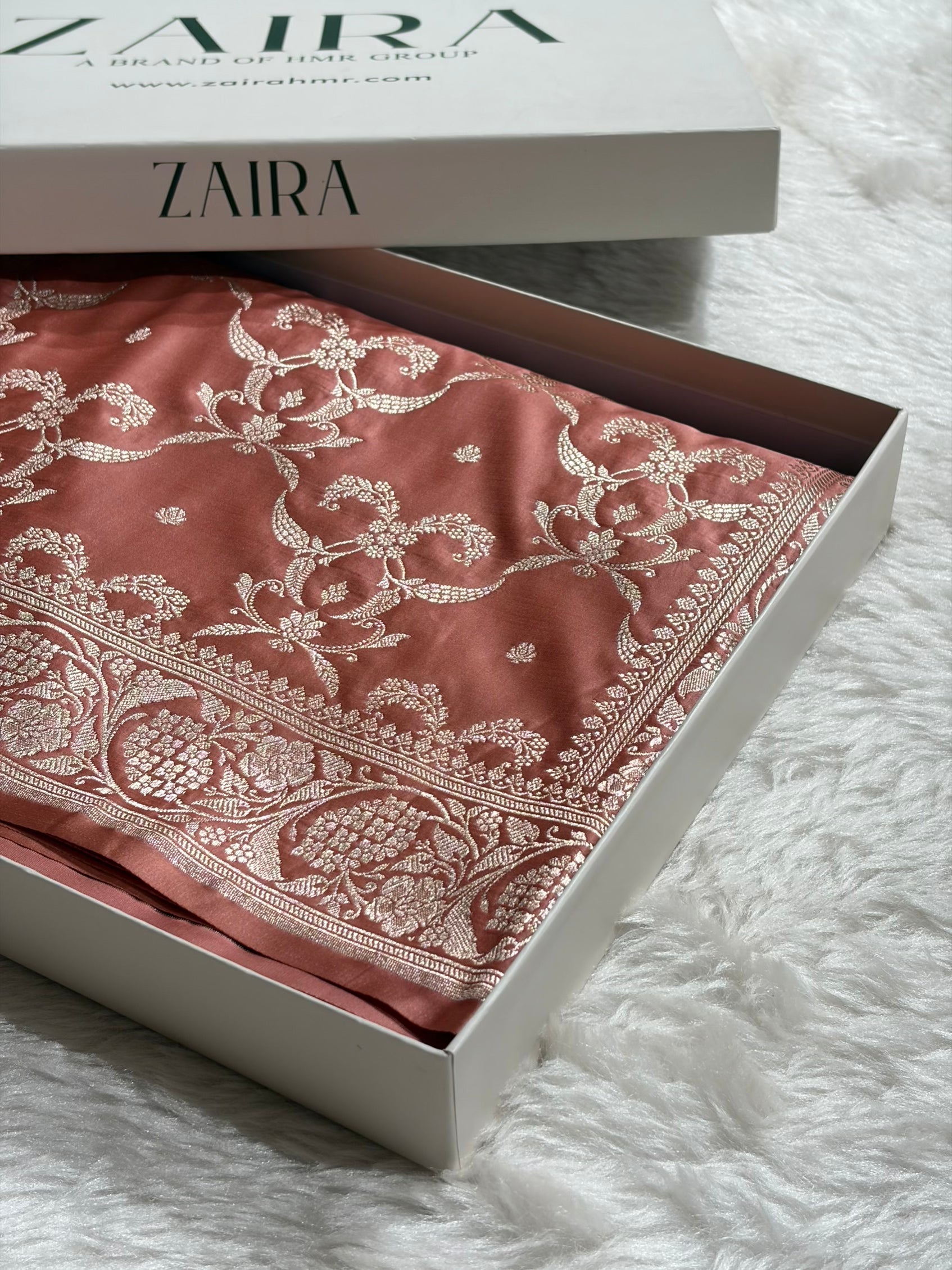 Peach Shades Banarasi With Floral Jaal Pattern Mashru Silk Saree MSM-134