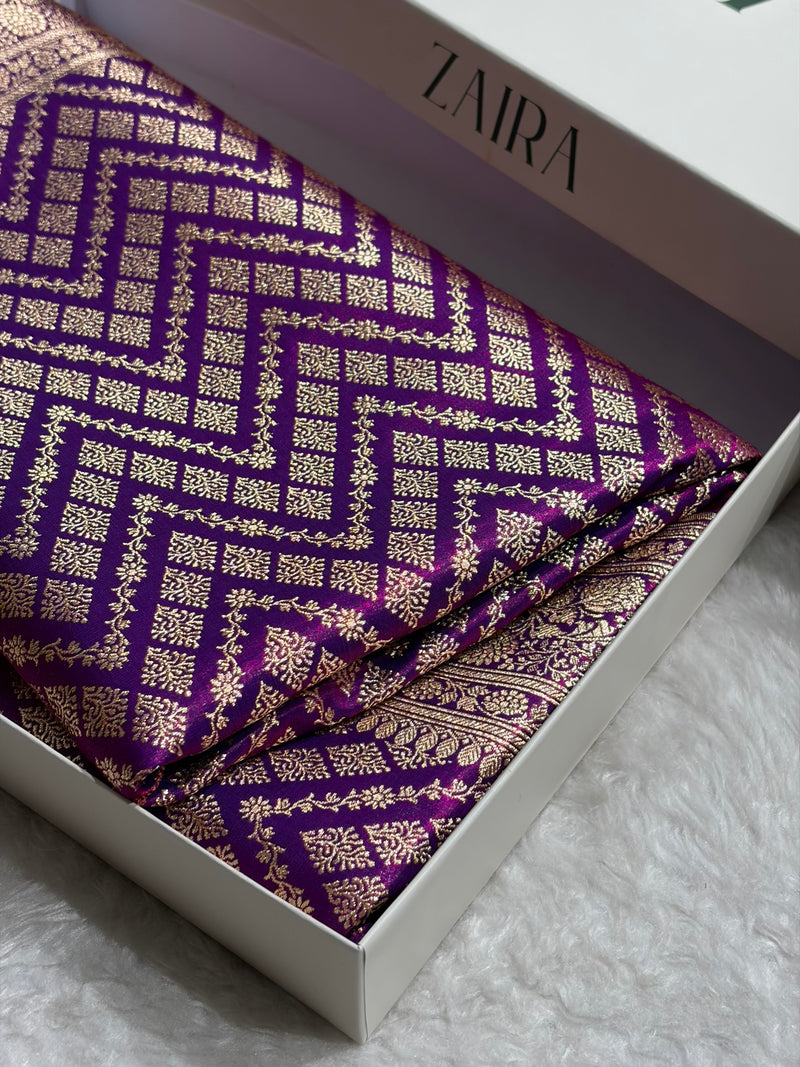 Cross Purple Shades Jaal Pattern Banarasi Satin Silk Saree SS56