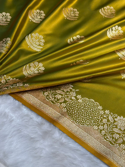 Mehendi Green Unique Boota Pattern Satin Katan Silk Saree SK70