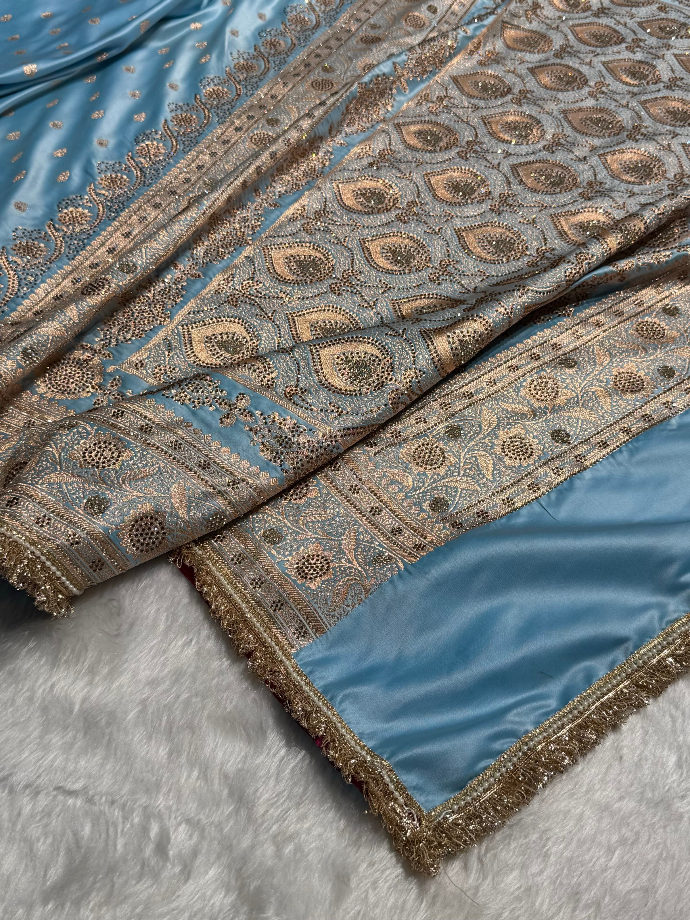 Banarasi Katan Silk Saree In light Sky Blue Shades With Swarovski & Gotta Patti Work BSKGP08