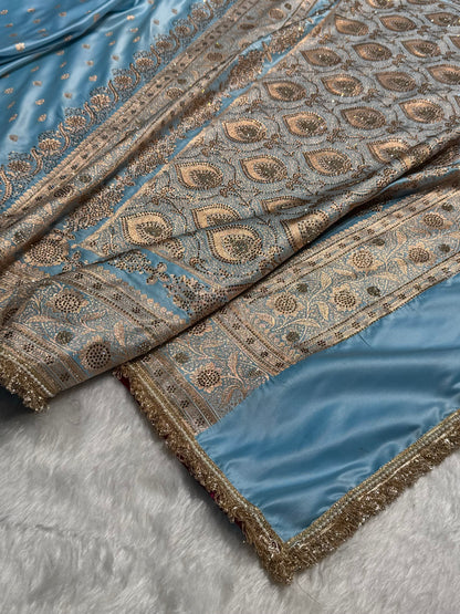 Banarasi Katan Silk Saree In light Sky Blue Shades With Swarovski & Gotta Patti Work BSKGP08