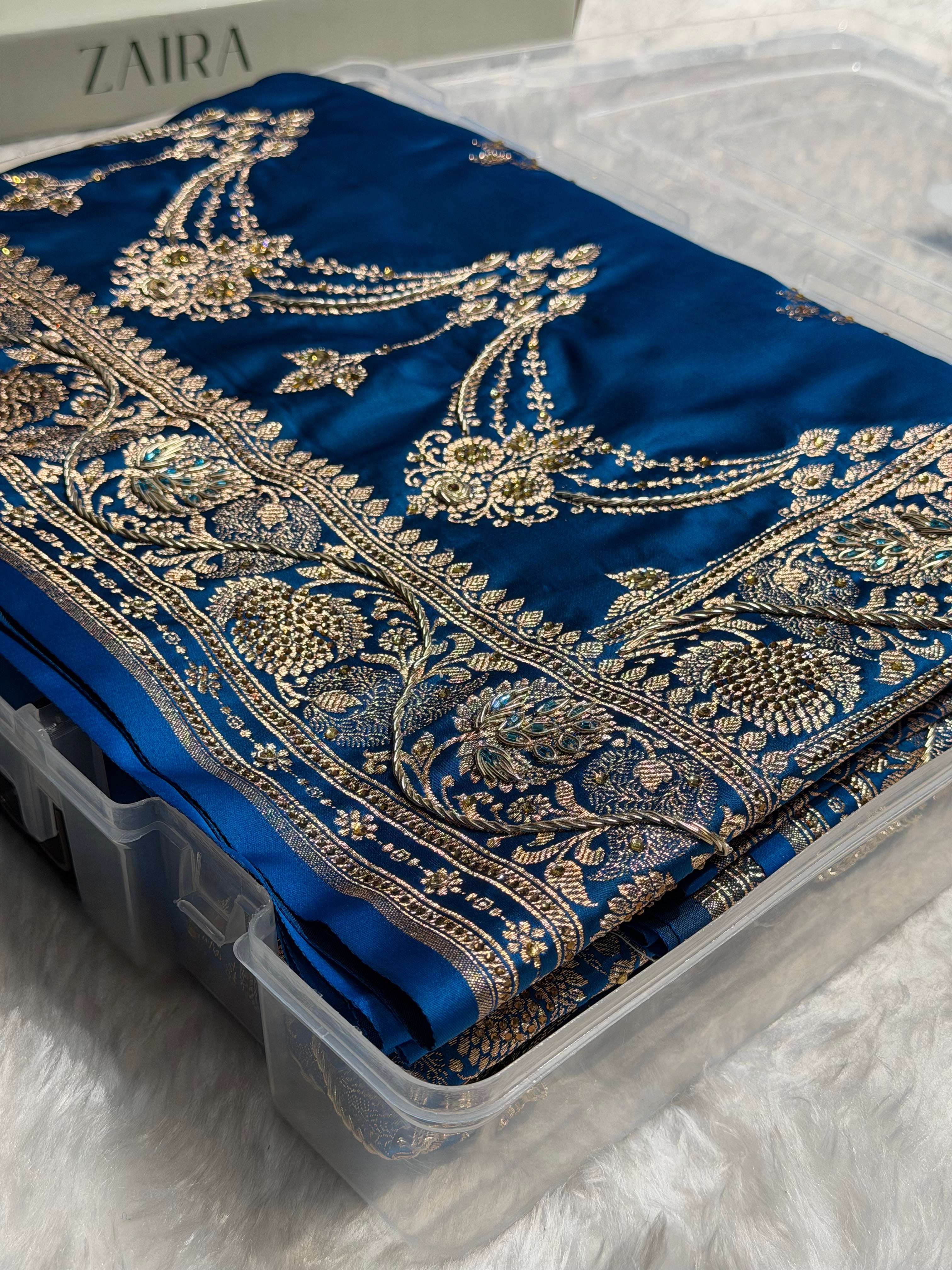 Cross Blue Floral Boota Pattern With Zardozi Stone Work Satin Katan Silk saree BSK34