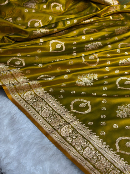 Banarasi Satin Katan Saree With Unique Boota in Liril Mehendi Shades SK92