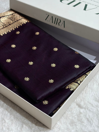 Banarasi Satin Katan Saree With Boota Pattern in Dark Wine Shades SK127