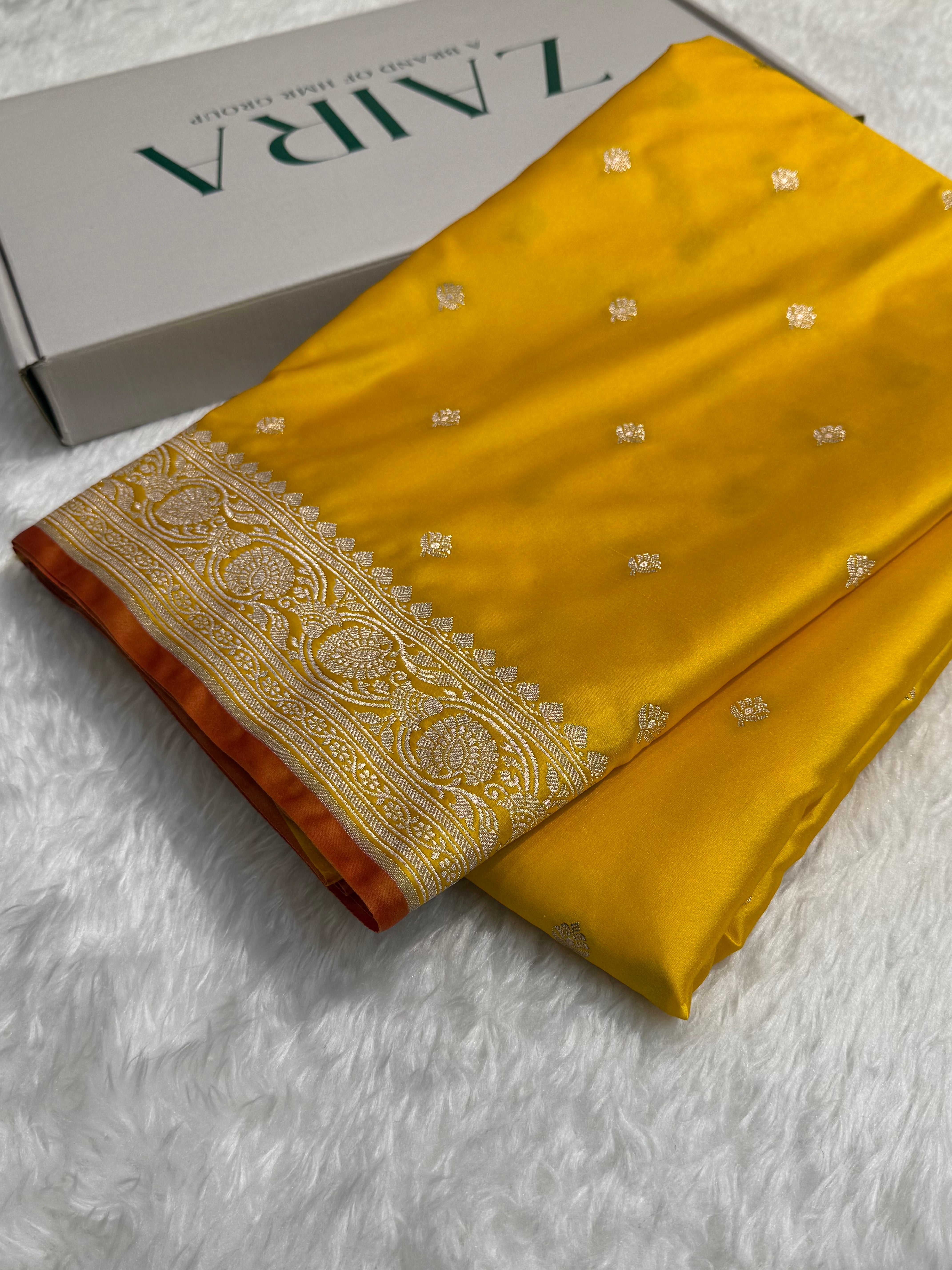 Banarasi Booti Motif Yellow Mashru Silk Saree