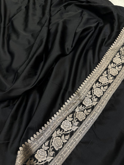 Black Rose Motif Mashru Silk Saree