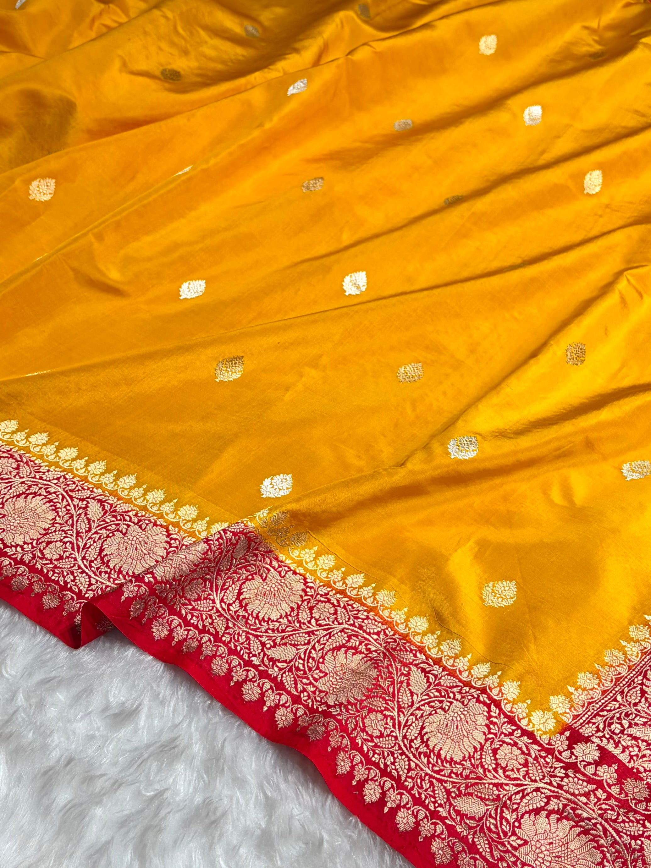 Contrast Mustard Gold With Red Boota Handwoven Pure Katan Raw Mango Silk RM-33
