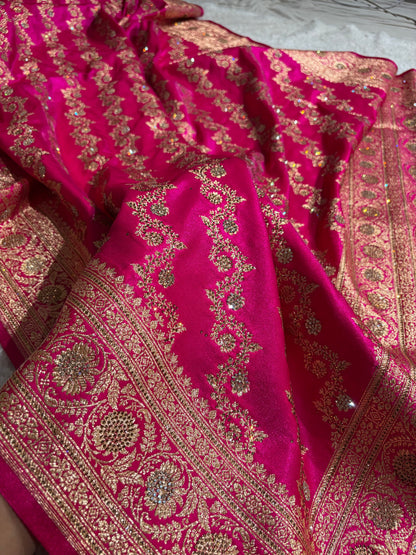 Banarasi Bridal Pink Shades With Swarovski Stone and White Stone Work Satin Silk Saree BSS32