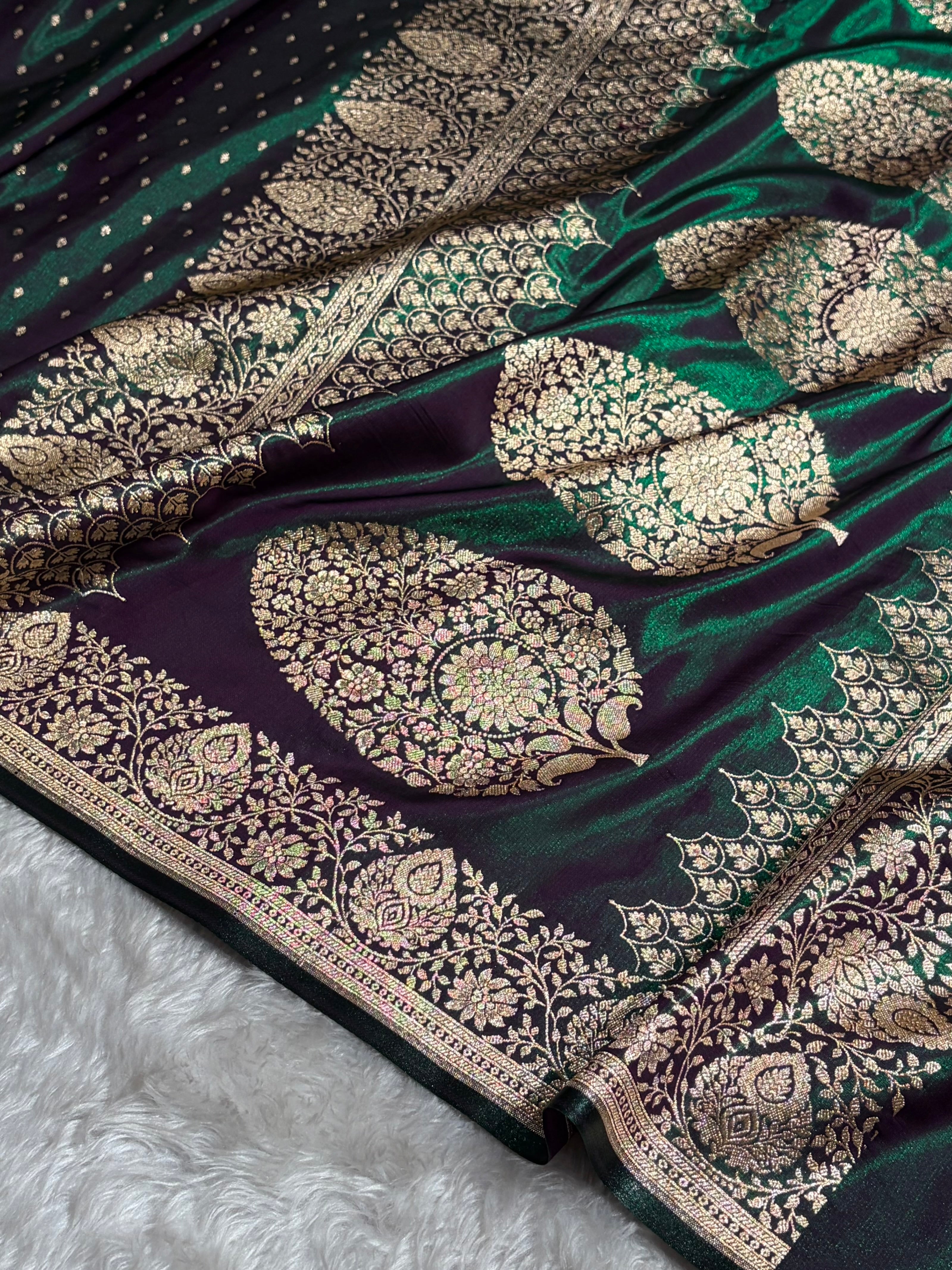 Satin Silk Saree Floral Boota in Greenish Wine Shades SS28