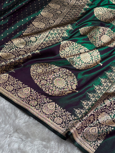 Satin Silk Saree Floral Boota in Greenish Wine Shades SS28