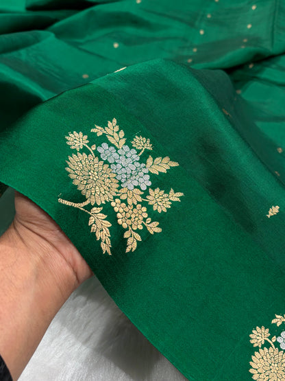 Banarasi Bottle Green Shades Meena Boota Handwoven Pure Paper Silk RM-72