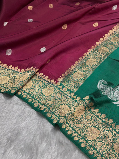 Contrast Wine With Bottle Green Boota Handwoven Pure Katan Raw Mango Silk RM-33