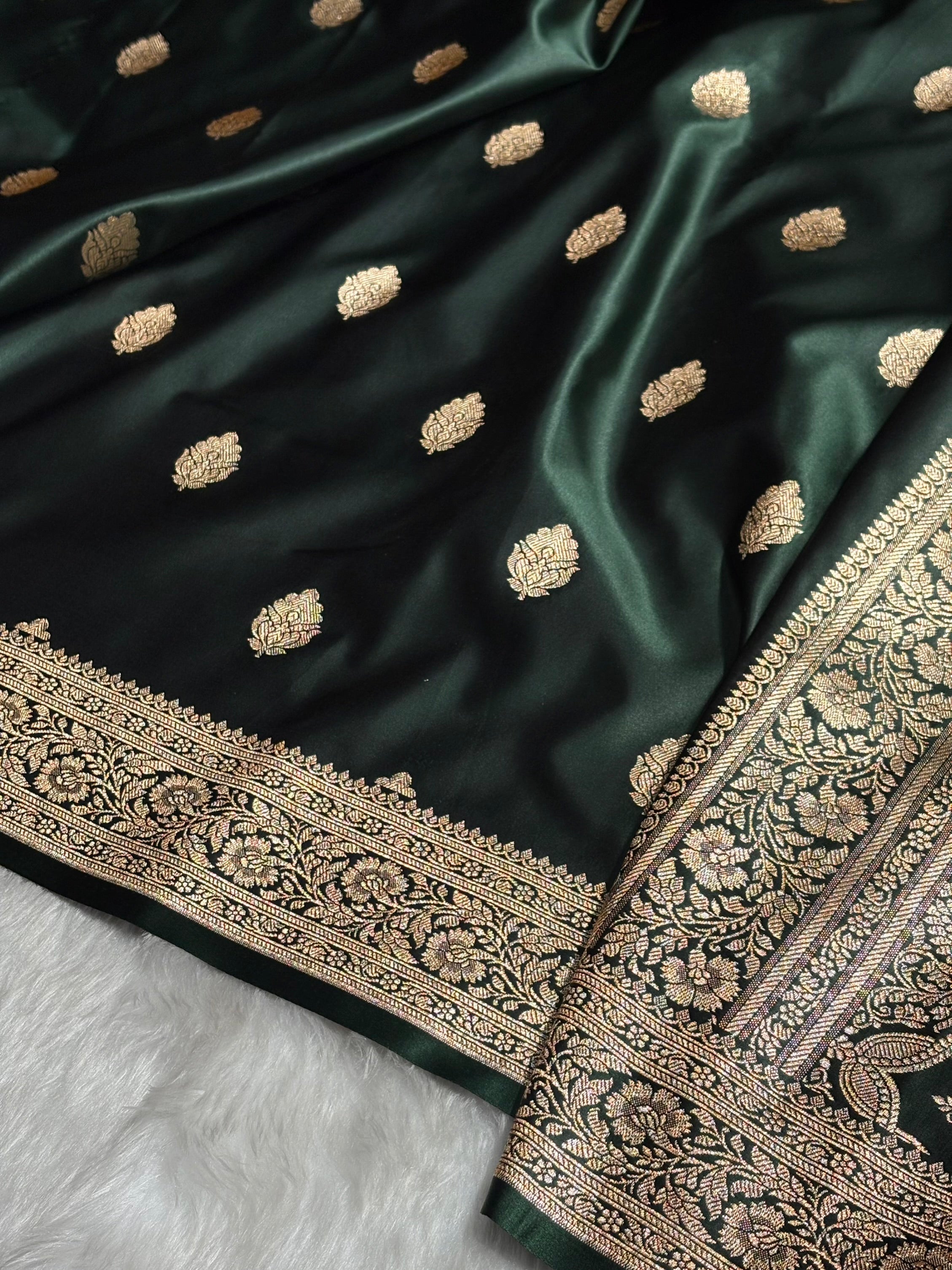 Dark Bottle Green Booti Pattern Satin Katan Silk Saree SK65