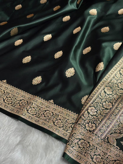 Dark Bottle Green Booti Pattern Satin Katan Silk Saree SK65