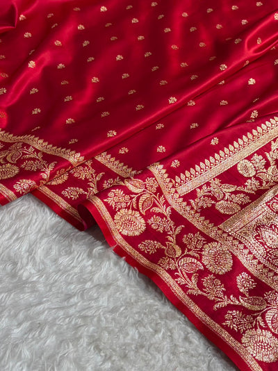 Cross Red Floral Pattern Satin Katan Silk Saree SK77