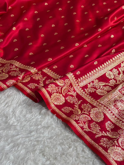 Cross Red Floral Pattern Satin Katan Silk Saree SK77