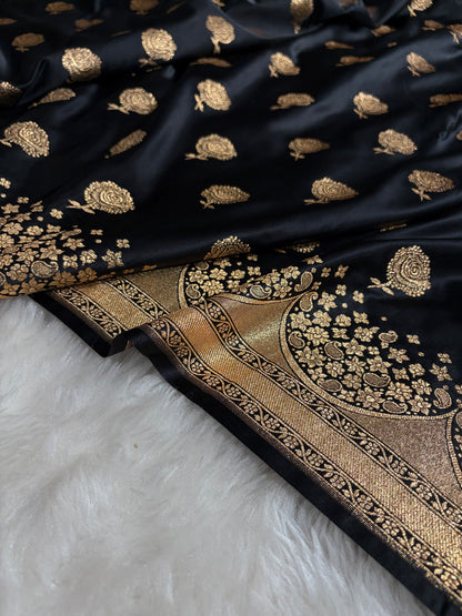 Banarasi Satin Katan Saree With Boota in Black Shades SK111