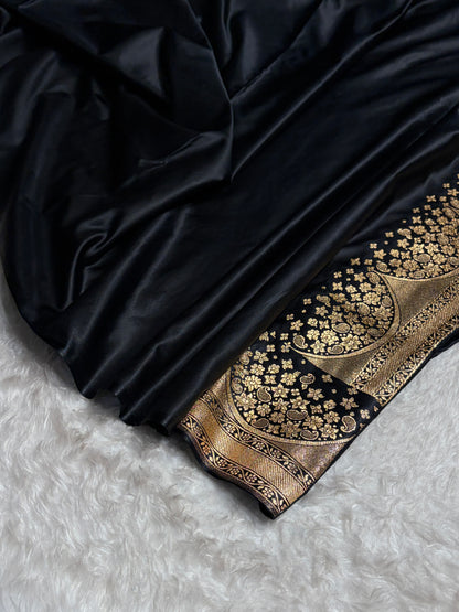 Black Floral Banasari Pattern Satin Katan Silk Saree SK83