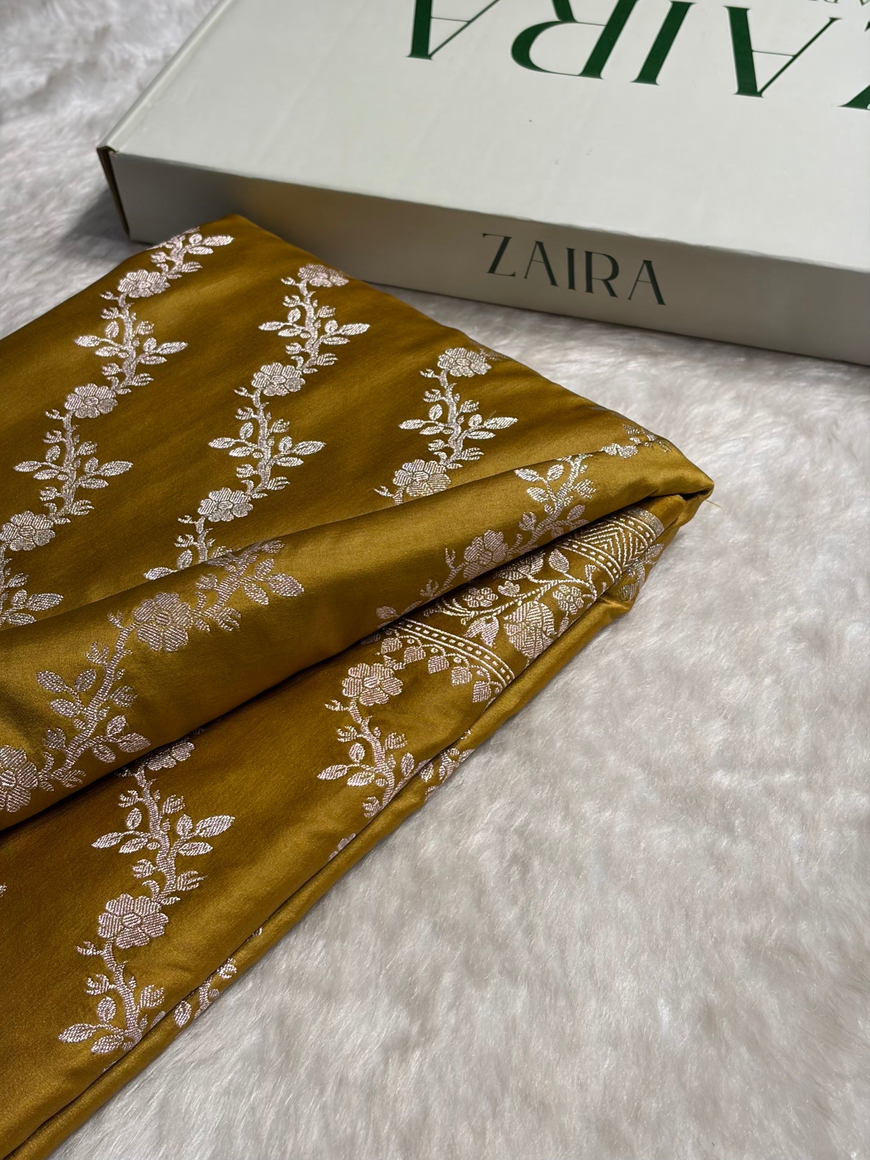 Dusty Mustard Shades Banarasi Cross Jaal Mashru Silk Saree MS18