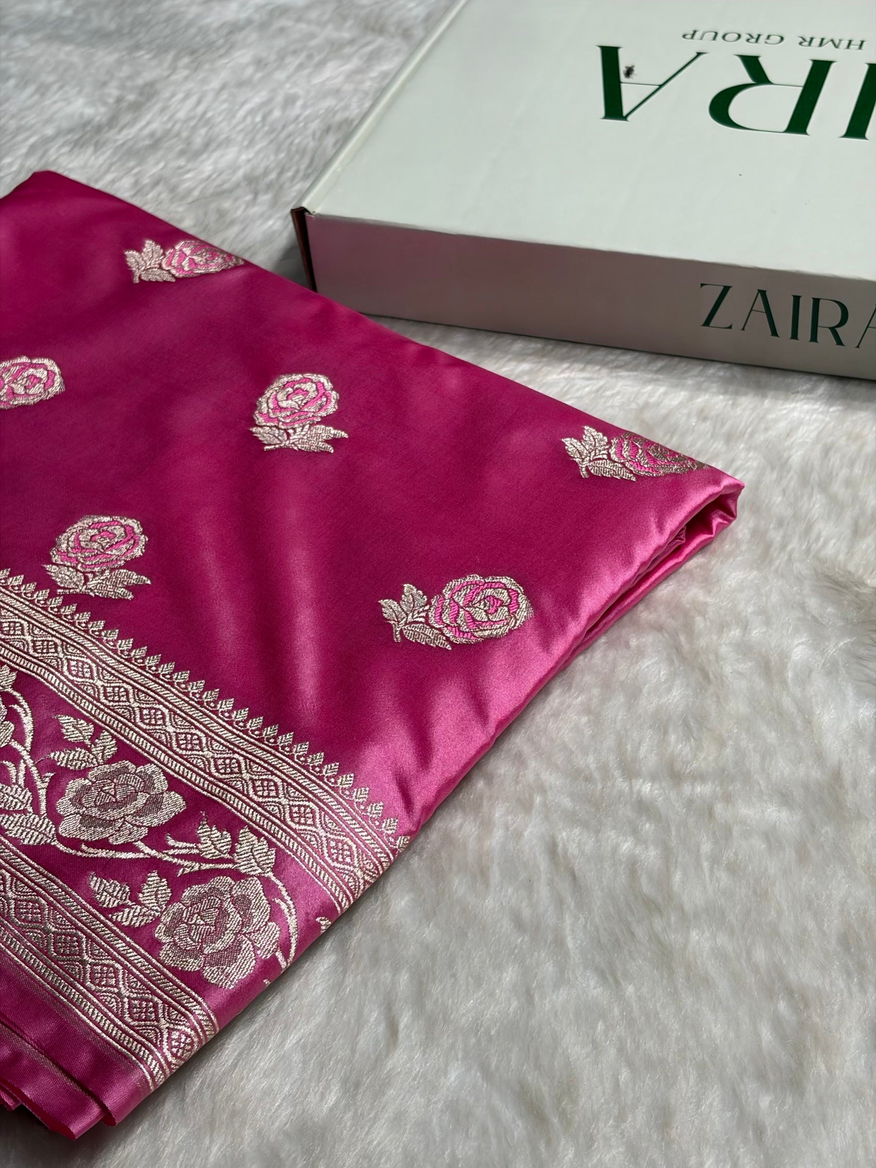 Baby Pink Rose Motif Mashru Silk Saree