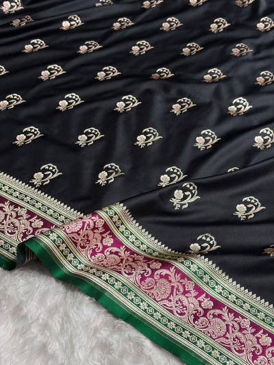 Banarasi Black With Contrast Rani Floral Border Mashru Silk Saree MSM-100