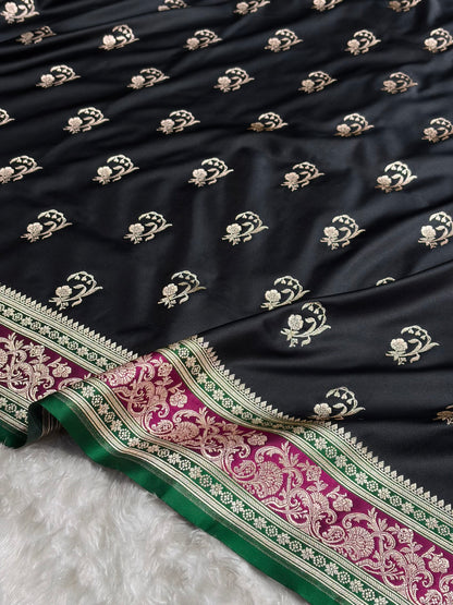 Banarasi Black With Contrast Rani Floral Border Mashru Silk Saree MSM-100