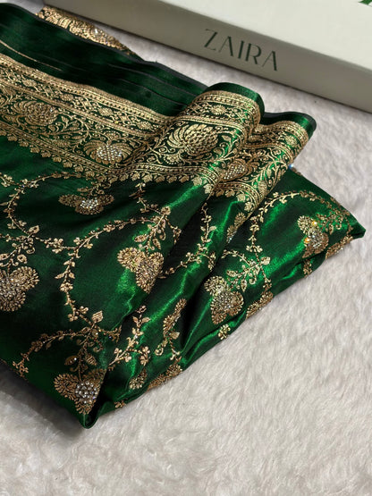 Satin Silk Saree Banarasi Swarovski Work Jaal in Bottle Green Shades BSS23 (R)