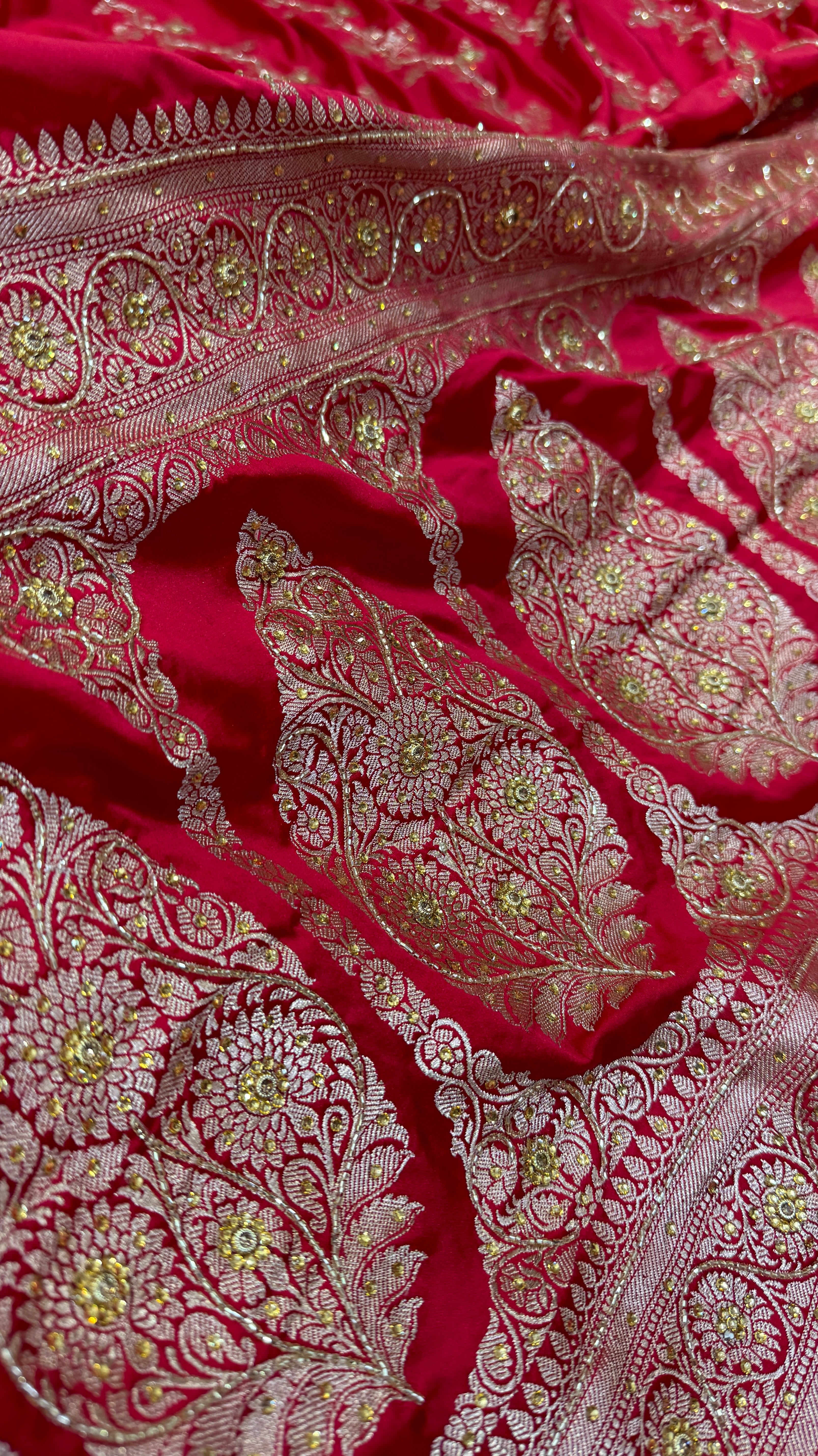 Strawberry Red Mashru Silk with Ari and Stone